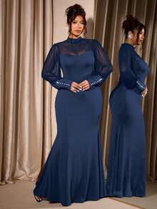 Cravure Abito elegante a coste verticali semi-trasparenti con maniche e collo alto, aderente, per donna taglia comoda, autunnale - Blu Navy - Visualizzare 5