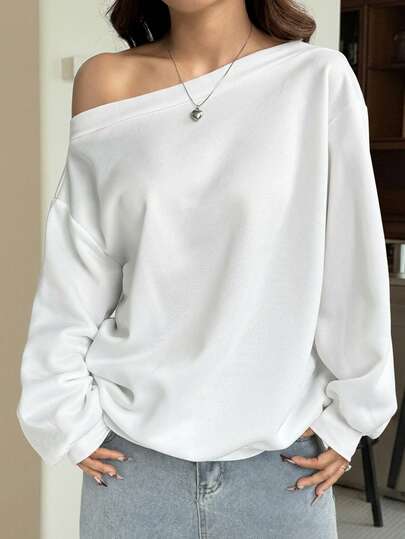 SHEIN EZwear Women's Loose Oblique Shoulder Sweatshirt With Thermal Lining, White, Autumn/Winter