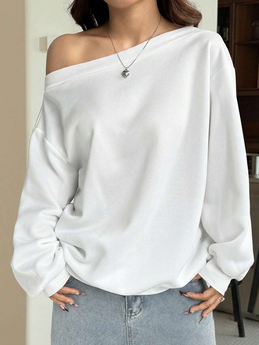 SHEIN EZwear 女士宽松斜肩保暖内衬卫衣，白色，秋冬 - 白色 - 查看 1