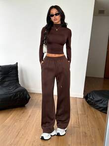 SHEIN PETITE 2pcs Women Casual Solid Color Stand Collar Fitted Long Sleeve T-Shirt & Drawstring Waist Straight Pants Set, Suitable For Autumn/Winter - Brown - View 2