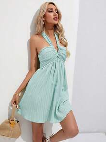GENKIRA Tie Backless Halter Neck Dress - Baby Blue - View 4