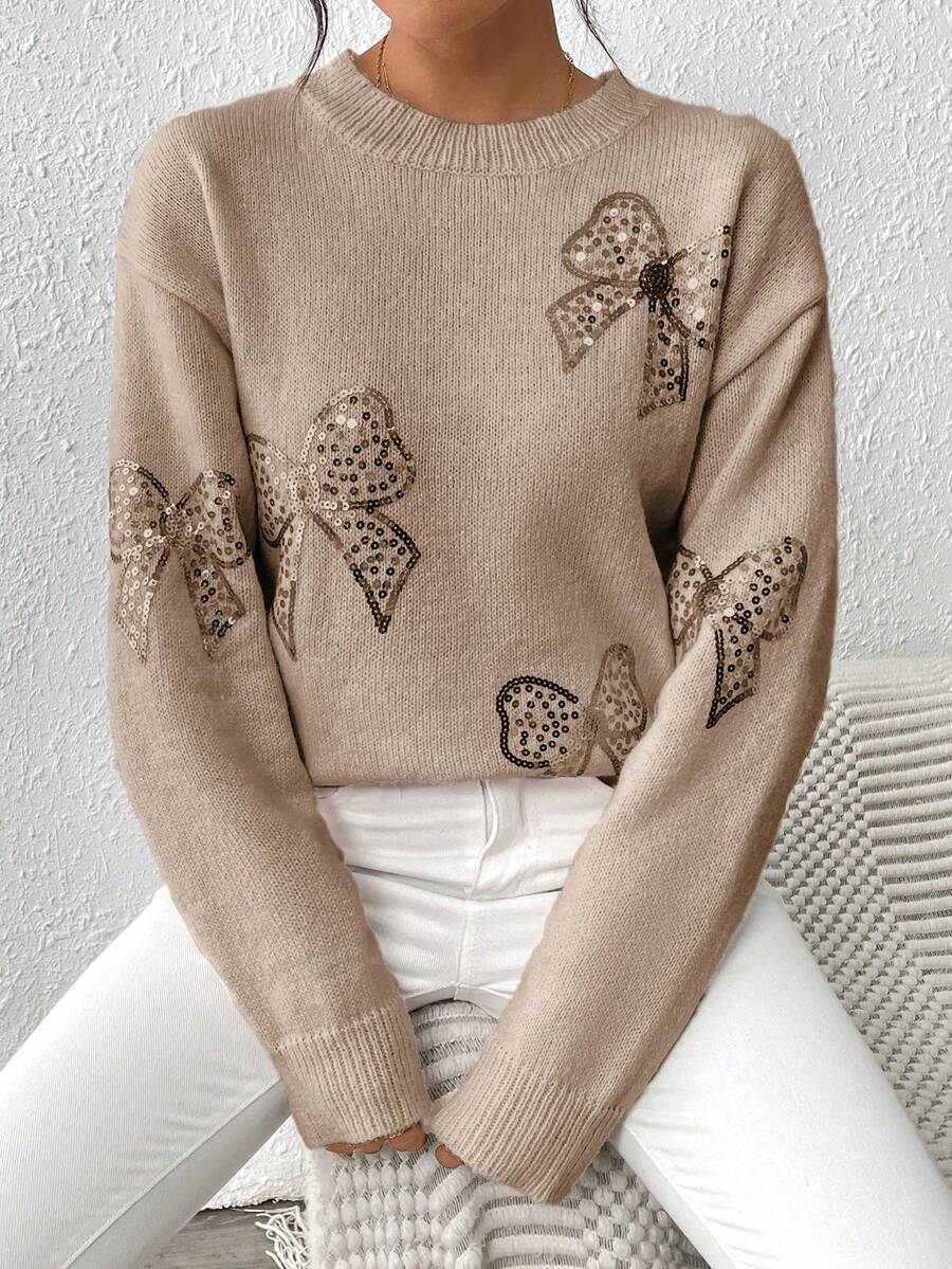 SHEIN LUNE Crew Neck Pullover Autumn/Winter Top, Pink Butterfly Beaded Embroidery Sweater - Camel - View 1