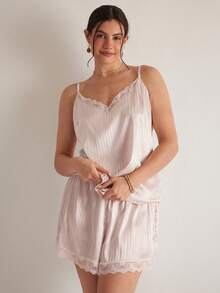 Freevana Plus Size Casual Versatile Striped Lace Patchwork Camisole Top Valentine's Day - Apricot - View 3