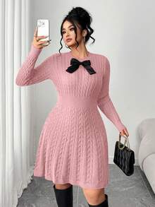 Elenzga Váy chữ A thắt nơ eo thời trang cỡ lớn, váy chui đầu dệt kim màu đỏ tía - Hồng - Xem 1