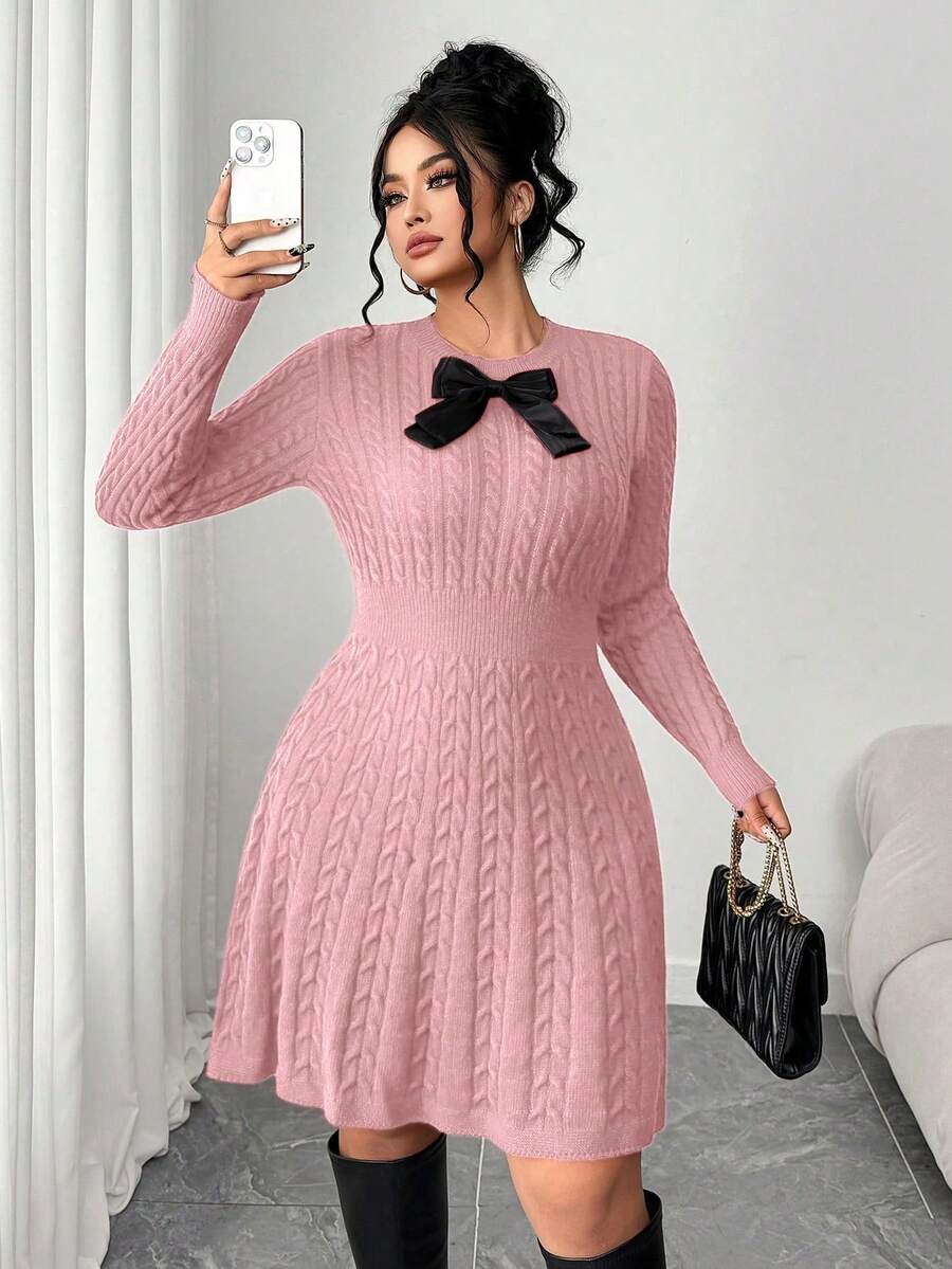 Elenzga Váy chữ A thắt nơ eo thời trang cỡ lớn, váy chui đầu dệt kim màu đỏ tía - Hồng - Xem 1