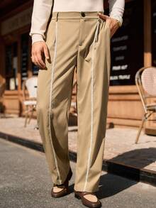 Manfinity VCAY 男士口袋宽松阔腿休闲裤，百搭男士侧条纹阔腿裤，卡其色阔腿裤，高腰阔腿裤 - 卡其色 - 查看 2