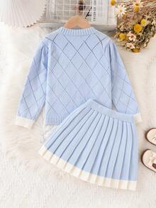 Young Girl Diamond Beaded Bow Decor Knitted Cardigan And Pleated Knit Skirt Set, Suitable For School, Outing Or Holiday Gathering - Blue - View 2
