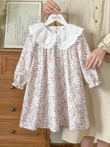 SHEIN Vintaside Kids 1pc Girls Young Girl Ditsy Floral Loose Fit Long Sleeve Dress, Elegant Collar Flower Design, Casual Versatile Dress For Autumn - Pink - View 4