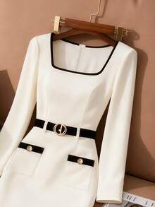 Franclia 女士时尚优雅撞色美人鱼连衣裙 - 黑與白 - 查看 3