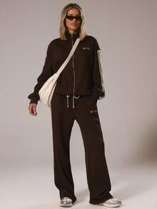 Sweat Stripe Side Musera Sport Jacket Active Gymwear Fitness Desert Runner Fall Winter - Coffee Brown - View 5