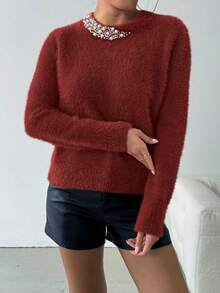 SHEIN Clasi 女士优雅串珠圆领毛衣，秋冬新年服装 - 紅木色 - 查看 3