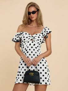 COSMINA 女士优雅波点扭结荷叶边迷你连衣裙，适合约会、度假、通勤等各种场合。 - 黑與白 - 查看 4