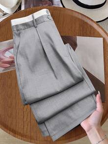 GlowEve CURVE Quần ống đứng cạp tương phản cỡ lớn cho nữ - Màu Xám nhạt - Xem 6