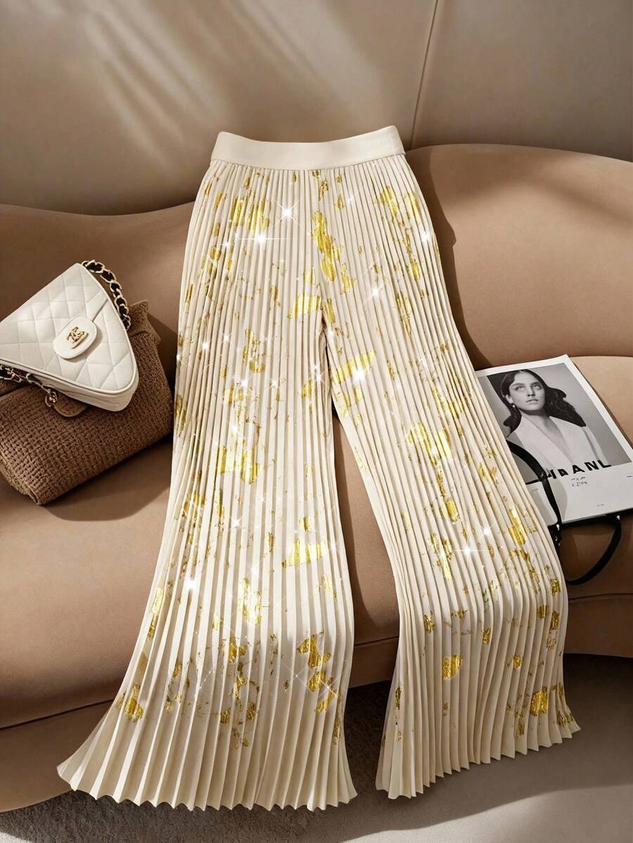 Franclia 大码女式常规法式褶裥金箔长裤，春秋季 - 杏色 - 查看 1