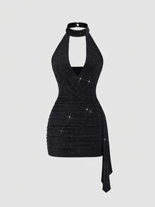 Sweetra Váy ngắn vải bóng đen thanh lịch mới, cổ chữ V, ôm sát, thiết kế eo thắt, thích hợp cho tiệc năm mới, đi làm, mặc hàng ngày - màu đen - Xem 7