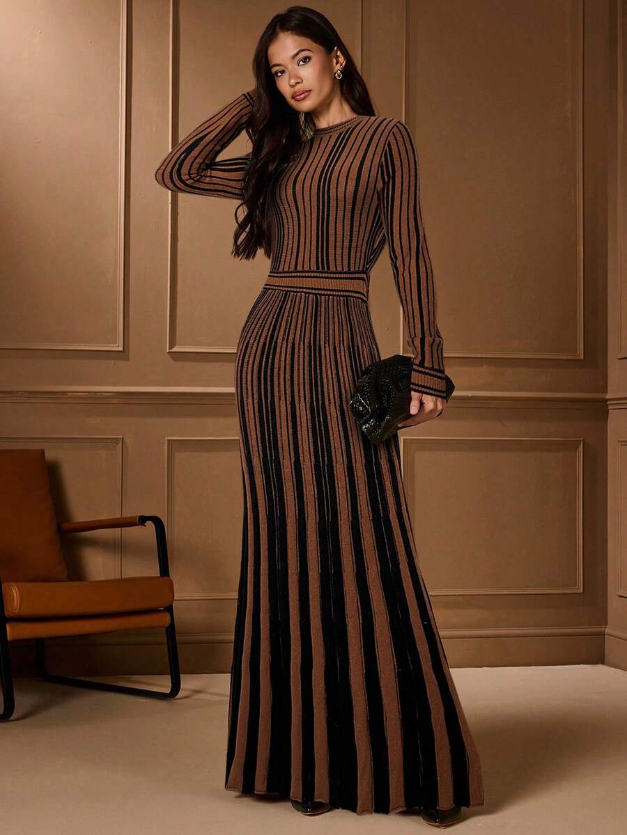 Lilora 优雅撞色圆领长袖长款毛衣连衣裙，秋冬款 - 彩色 - 查看 1