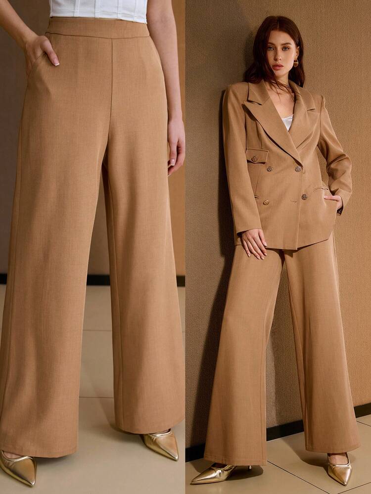 KHAKI MINIMALIST WIDE LEG SUIT PANTS