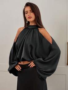 Aloruh 女士新款缎面长袖衬衫，纯色乳白色和香槟色，泡泡袖设计，优雅性感派对装，秋冬款 - 黑色 - 查看 5