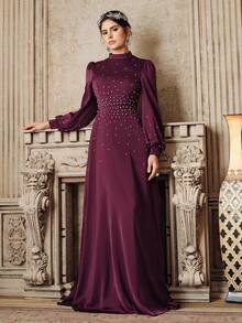 Anewsta Long Sleeve Rhinestone Embellished Dress, Elegant Mother's Day Gown For Middle Eastern Wedding Guests - Red Violet - View 6