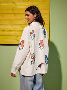 Felipe Marques Jaket Wanita Motif Bunga & Burung, Pakaian Luar Kasual untuk Liburan, Cocok untuk Musim Gugur, Musim Dingin, Musim Semi, Pantai, Gaya Boho - Aprikot - View 2