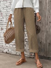 Breezaya 女式纯色松紧腰口袋锥形休闲裤 - 卡其色 - 查看 5