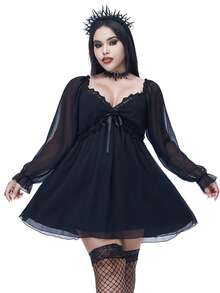 Coolane Đầm đen dài tay cổ chữ V bất đối xứng, thắt eo, cổ tròn, tay phồng, ren, gợi cảm, phong cách Gothic Y2K, thích hợp mặc mọi mùa Thu/Đông dành cho nữ - màu đen - Xem 2