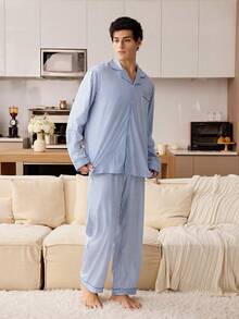CoupledUp 男士休闲条纹印花翻领长袖纽扣睡衣套装 - 藍色 - 查看 2