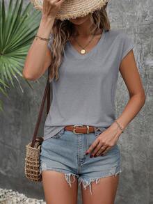 Breezaya Camiseta de manga corta de unicolor casual, versátil para el verano - Gris - Ver 3