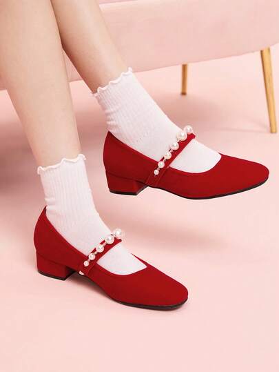 CUCCOO DOLLMOD Women's Elegant Commuting Studded Decor Red Pumps For Christmas