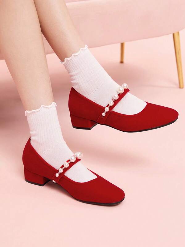 CUCCOO DOLLMOD Women's Elegant Commuting Studded Decor Red Pumps For Christmas