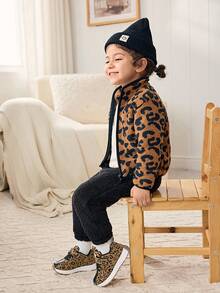 Cozy Pixies 一双女童黑色豹纹跑步鞋时尚简约设计返校可爱运动鞋儿童运动鞋 - 豹紋 - 查看 3