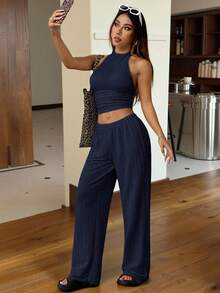 SHEIN EZwear Conjunto informal de 2 piezas de mujer de punto en azul marino - Azul Marino - Ver 6