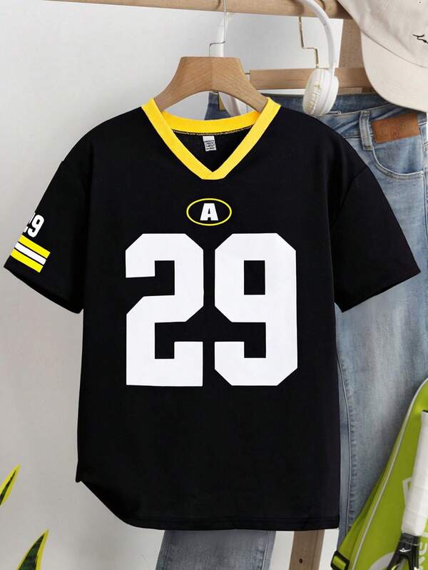 SHEIN Teen Girls Sporty Black Long Polyester T-Shirt With Letter Pattern Contrast Piping Drop Shoulder Short Sleeve And V Neck