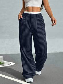 SHEIN EZwear 秋冬季女士褶裥条纹阔腿西装裤，撞色腰带设计