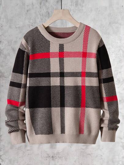 SHEIN Vacaura 青少年男孩格子圆领长袖休闲宽松针织毛衣，秋冬