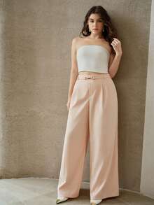 PREMIUM PLUS SIZE METAL BUCKLE WAIST ELEGANT WIDE LEG SUIT PANTS, SPRING/SUMMER - Coral Pink - View 5