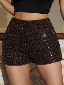 DAZY 女士时尚派对亮片拉链嘉年华短裤 - 咖啡棕 - 查看 2
