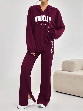 Mulvari 2 Stücke Damen Lässig Buchstaben Muster Kapuzen Sweatshirt und Hose Set, Herbst 2-teiliges Set