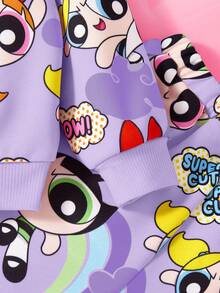 THE POWERPUFF GIRLS X SHEIN Baby Girl Cartoon Rainbow Print Cute Casual Long Sleeve Sweatshirt And Sweatpants Sports Set - Purple - View 3