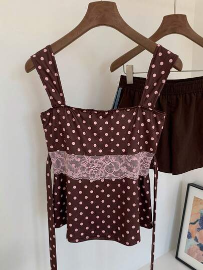 Comfortcana 2025 New Fall/Winter Fashionable Women's Summer Contrast Lace Polka Dot Print Wide Straps Top Summer For Women Christmas For Women New Year's For Women Party Top Beach Elegant Casual Vacation Polka Dot Top