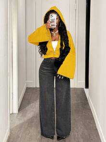 BamGleam Áo nỉ dài tay có mũ, màu trơn, kiểu punk, khóa kéo, thích hợp cho mùa đông. - Màu vàng - Xem 4