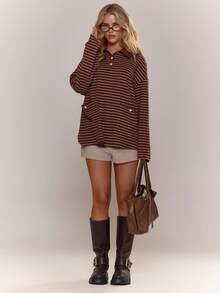 MUSERA Áo sơ mi dài tay cổ bẻ kẻ sọc dáng rộng, cài cúc, thích hợp cho mùa thu, ấm áp, dễ thương, thường ngày, đi cà phê, câu lạc bộ, mùa xuân, hè, ngày lễ. - Màu nâu Sô-cô-la - Xem 3