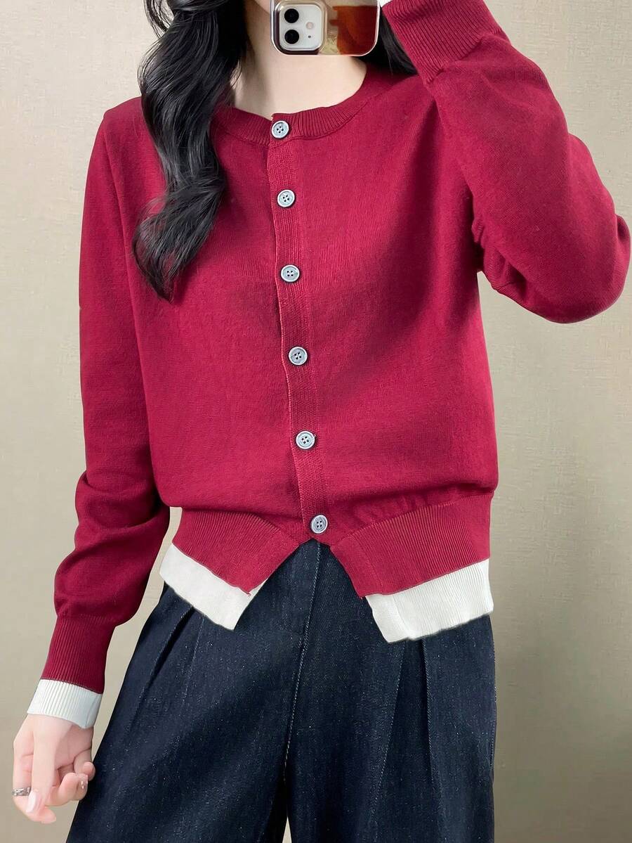 SHEIN LUNE 撞色开衫二合一圆领宽松休闲基础款针织毛衣外套 - 酒紅色 - 查看 1