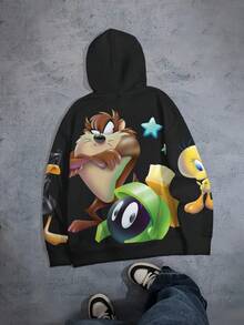 LOONEY TUNES X SHEIN Men's Casual Cartoon Rabbit Print Hoodie , Fall - White - View 2