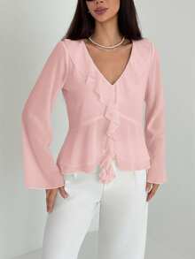 Aloruh 女士新款时尚通勤日常休闲波西米亚风荷叶边装饰深V领长袖修身衬衫 - 藕粉色 - 查看 4