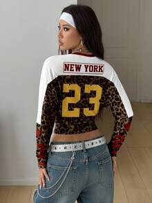 Coolane Casual Vintage Street Style Leopard Print Contrast Color Letter Number 23 Graphic Long Sleeve Ruched Waist Sexy T-Shirt For Women, Suitable For Autumn/Winter, Vintage, Preppy, Versatile, Sexy, Cute, Y2K, Coconut Girl, Boho, Hippie, Music Festival Leopard Print Top Y2k Top - Multicolor - View 8