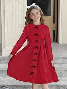 SHEIN 少女优雅圆领修身针织中长连衣裙，正面饰有撞色蝴蝶结，适合冬季穿着；纯红色长袖针织连衣裙 - 紅色 - 查看 9