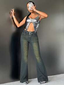 SHEIN ICON Women's Low Waist Flared Leg Double Button Jeans - Dark Wash - View 5