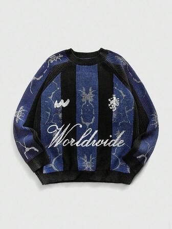 Street Life Herren Rundhals-Pullover mit englischem Grafikaufdruck und Kontrastfarbe, Lässig