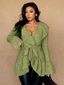 Islaluna Women's Basic Minimalist Elegant French Fashion Romantic Tie-Front Cardigan - Green - View 4